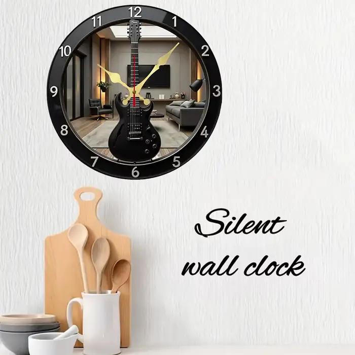 Horloge murale suspendue silencieuse ronde en bois en forme de guitare électrique plate 2D, pour salon, bureau, salle d'étude, chambre à coucher, décoration de la maison