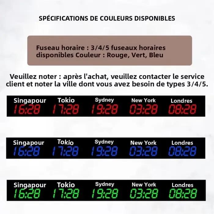 Horloge mondiale LED affichant l'heure de 3/4/5 villes
