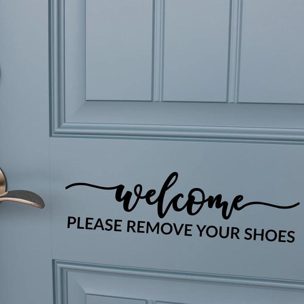 Autocollant de bienvenue pour porte d'entrée, veuillez retirer vos chaussures, autocollant de salle de boue, intérieur, extérieur, amical, ménage, signe de bienvenue, décor