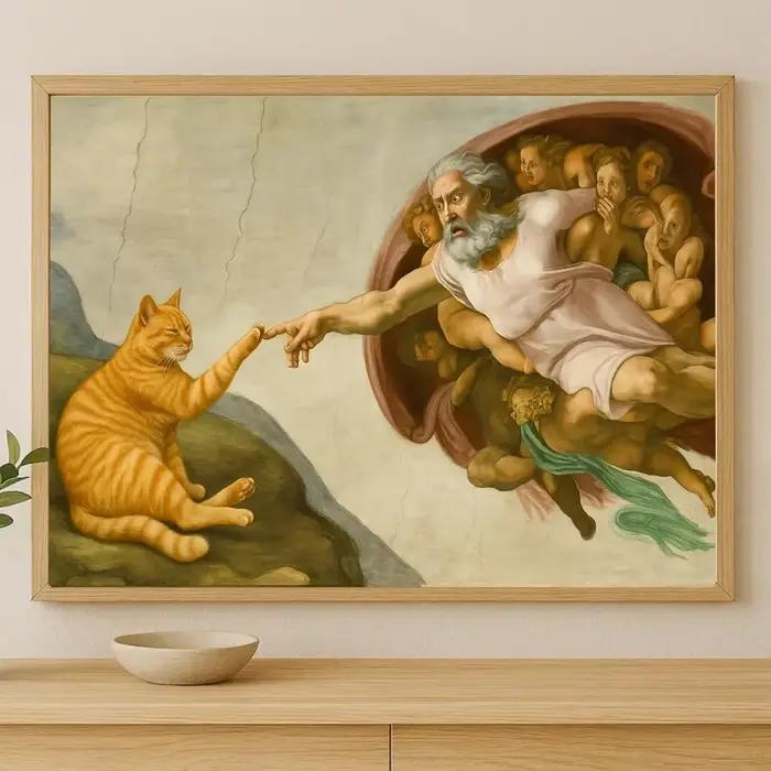Peinture sur toile sans cadre grand format 1 pièce "Création d'Adam" fantaisiste avec chat orange, d