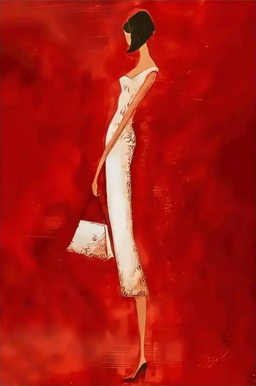 Affiche imprimée de femme abstraite moderne en robe blanche, peinture sur toile rouge vif, tableau d