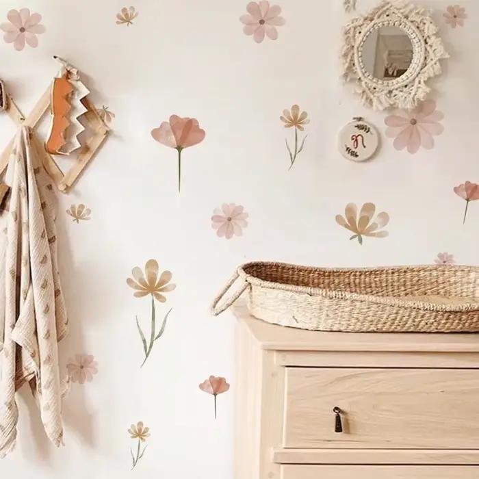 Autocollant mural fleur bohème aquarelle pour chambre d'enfant, salon, décoration d'intérieur, art é
