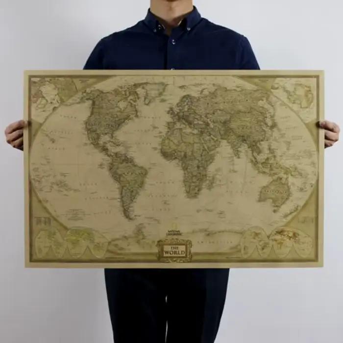 Affiche carte du monde en papier kraft, style vintage, rétro, 71x46.5cm (28x18 pouces), décoration d