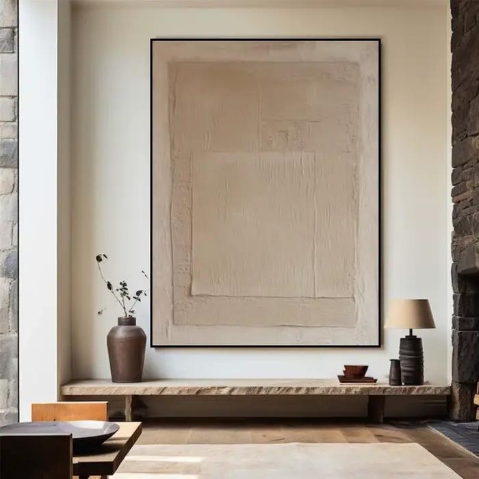 Grande peinture abstraite beige faite à la main de Bergame, art mural, peinture minimaliste abstrait