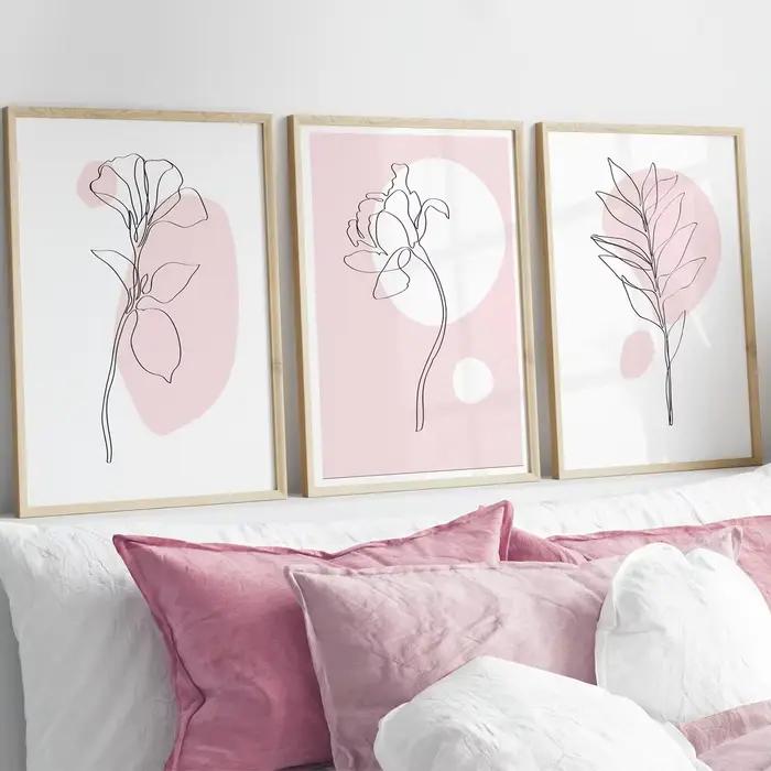 Lot de 3 tableaux muraux botaniques roses – Décoration murale botanique – Affiche d'art linéaire bot