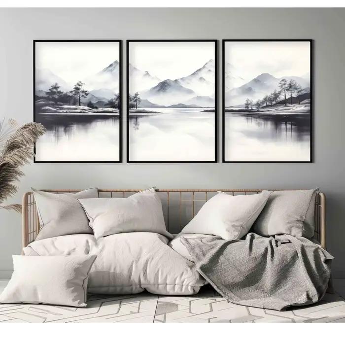 Lot de 3 impressions murales triptyques de montagnes du Japon, impressions d'art aquarelle, posters