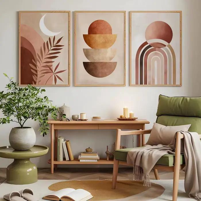 Lot de 3 tableaux abstraits sans cadre, style bohème minimaliste, géométriques, triptyque, impressio