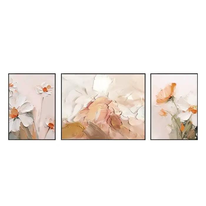 Toile abstraite, peinture à l'huile pure peinte à la main, triptyque floral, art mural haut de gamme
