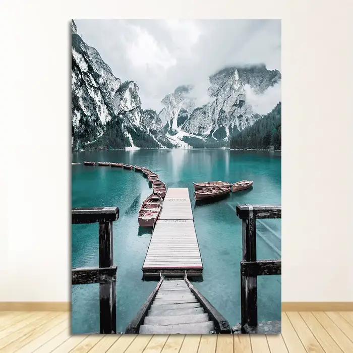 Affiche sur toile de pont de lac de montagne, impression d'art mural, peinture nordique, image de co