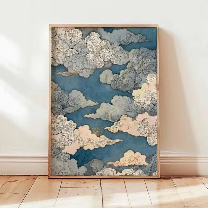 Peinture à l'huile Nuage Ciel bleu et doré Décoration japonaise élégante Art mural zen minimaliste T