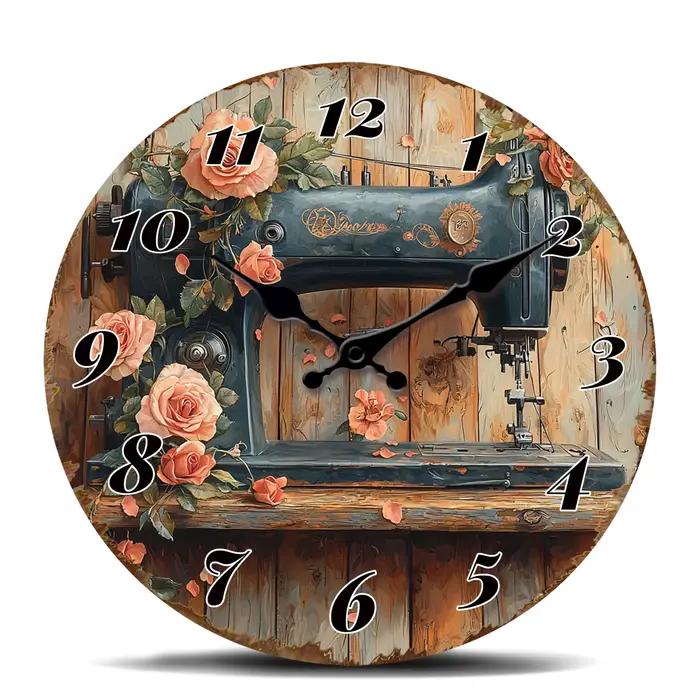 Horloge murale ronde vintage avec machine à coudre et roses - Horloge décorative artisanale rétro av