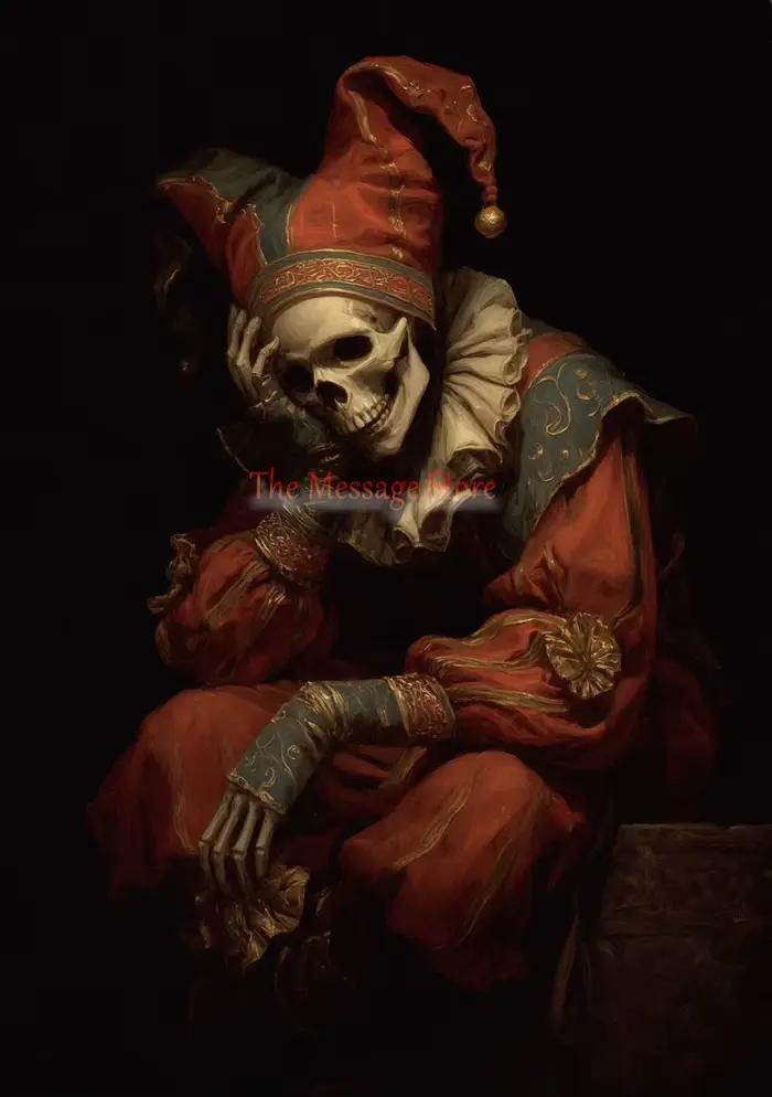 Portrait de bouffon squelette gothique, Renaissance, académique sombre, affiche de Joker mort, peint