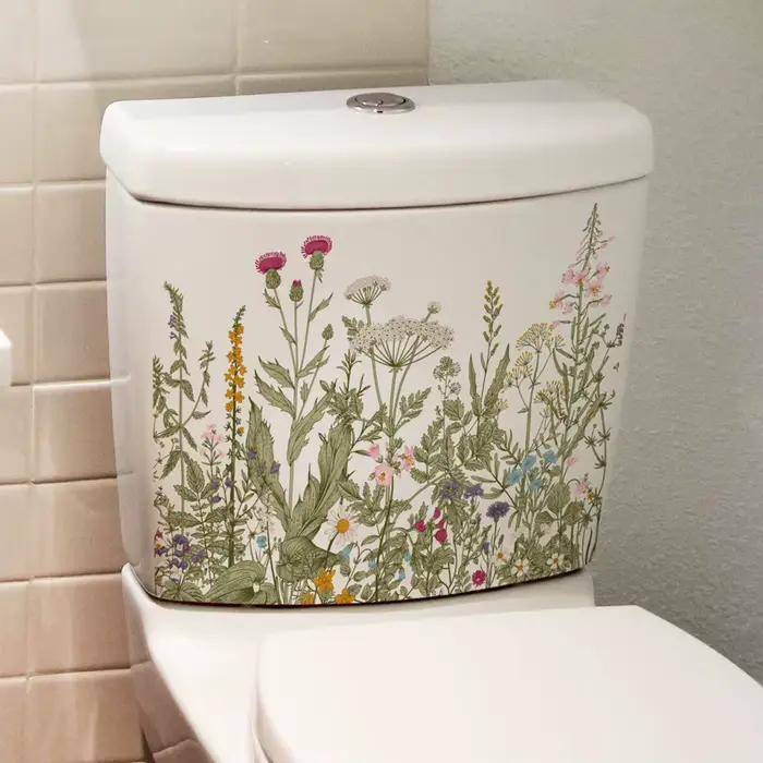 Autocollant mural de plantes vertes variées et fleurs, décoration pour salle de bain, toilettes, sal