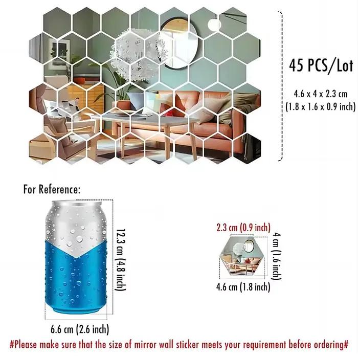 Autocollant mural miroir 45 pièces, autocollant d'art mural hexagonal, autocollant de carreaux décor