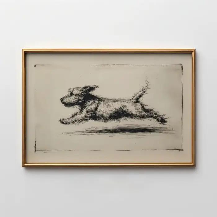 Motif rétro de chien en course, croquis de terrier antique, peinture artistique de chiot en course,