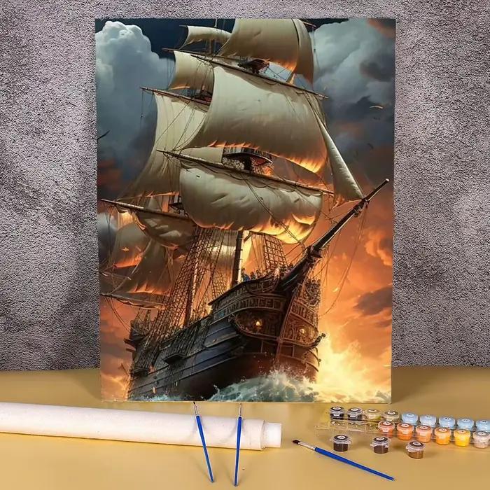 Peinture par numéros de bateau à voile pour adultes, paysage marin au coucher du soleil, dessin sur
