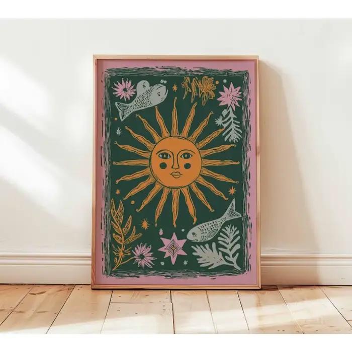 Affiche sur toile abstraite sans cadre, soleil et lune, style bohème, art mural céleste moderne pour