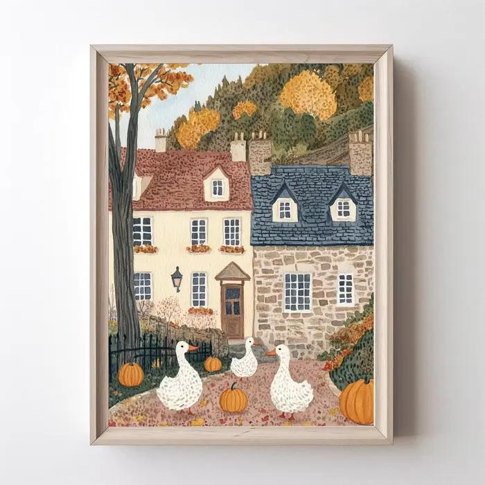 Automne Village impression ferme décor mur Art canard avec citrouille téléchargement numérique autom