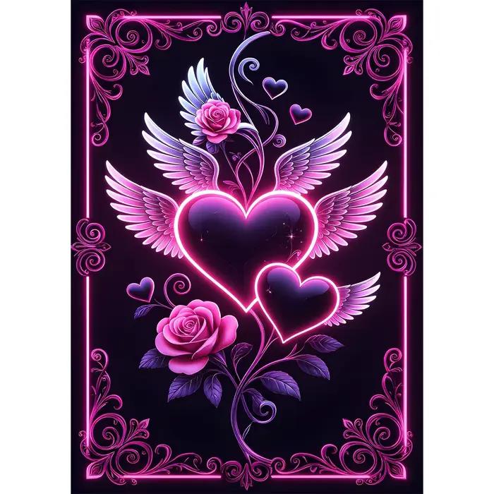 Peinture diamantée Cœur néon rêveur avec ailes, Art mural style gothique rose violet foncé, Mosaïque