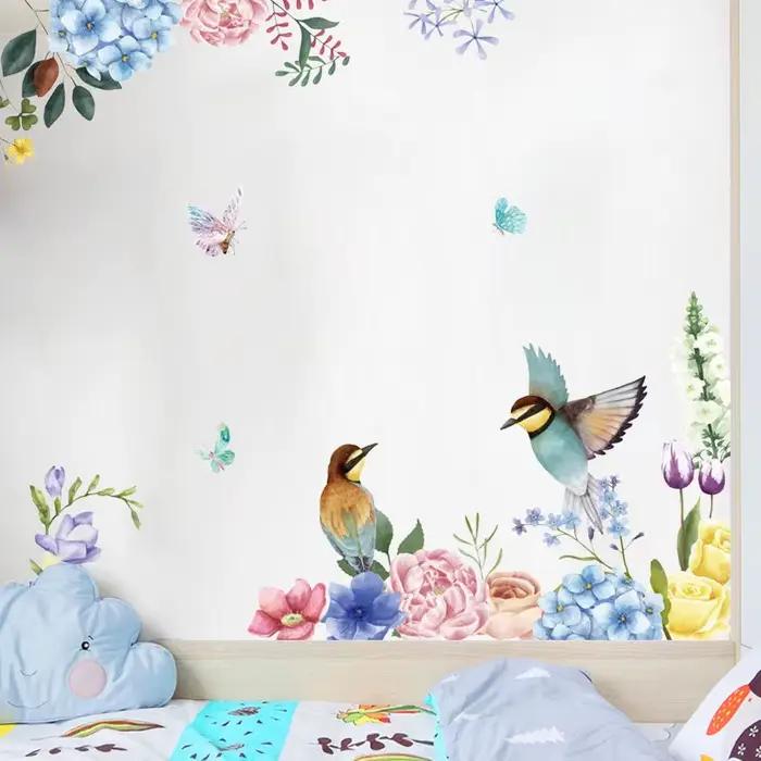 Peinture à l'encre fleurs oiseaux autocollant mural salon fond décoration intérieure papier peint po