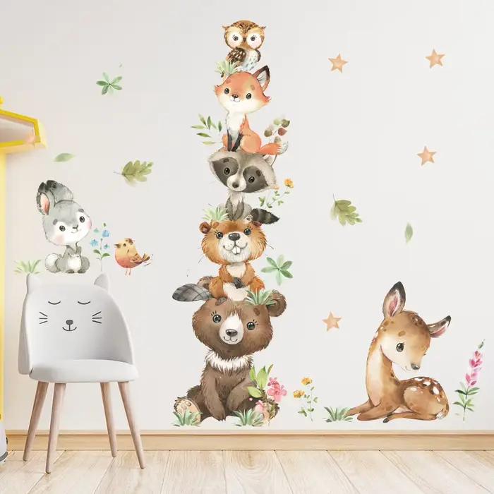 Dessin animé mignon Stickers muraux animaux de la forêt ours lapin aquarelle autocollant mural pour