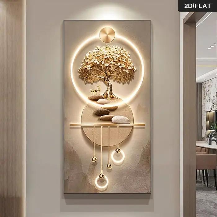 Une décoration murale moderne abstraite Arbre de Vie - élégantes arbres dorés, une peinture plate 2D