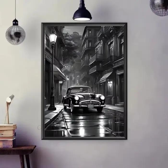 Toile imprimée d'art de voiture de luxe noir et blanc, peinture esthétique minimaliste pour salon, d