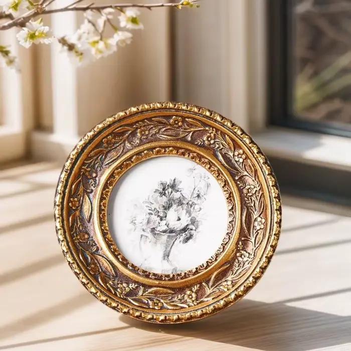 Cadre Photo rond en Bronze Antique or, pour afficheur bureau, cadre Photo circulaire en résine avec