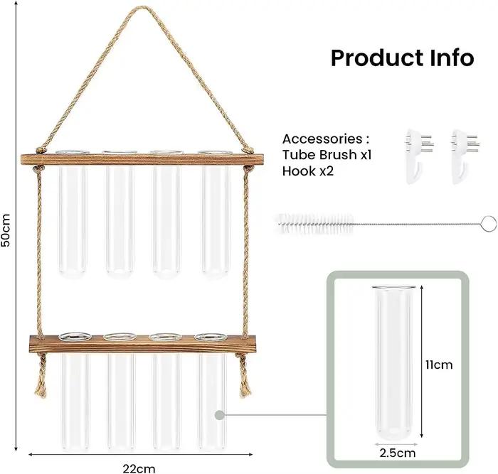 Tube à essai mural, Vase pour plantes de jardinière en verre avec support en bois et corde à cordes,