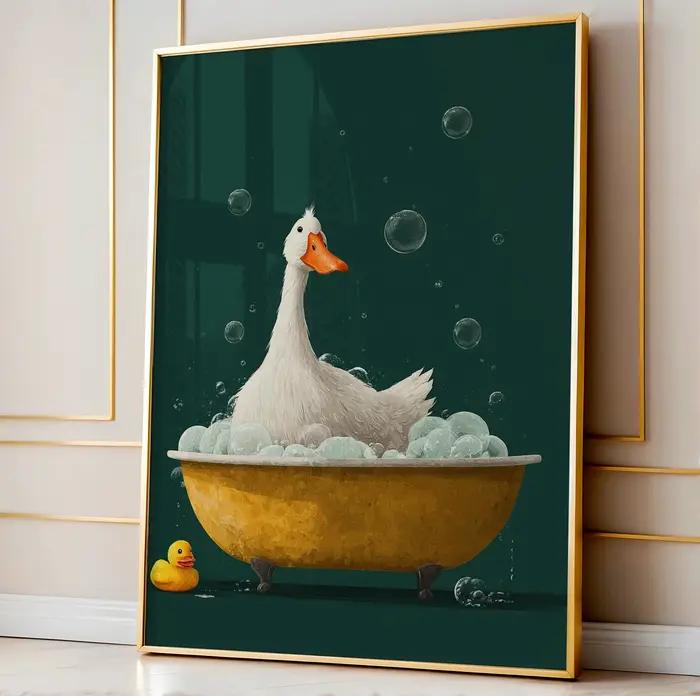 Affiches d'art en forme d'oie de dessin animé mignon, prise de bain et de brossage des dents, peintu