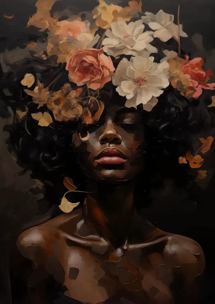 Toile d'art mural avec femme noire, pivoine, Rose, fleur de lys, peinture, affiches modernes, imprim