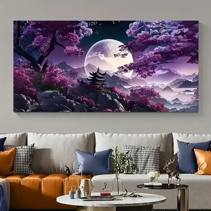 Affiche de toile d'art moderne sans cadre, peinture abstraite d'eau de montagne de forêt pourpre, ca