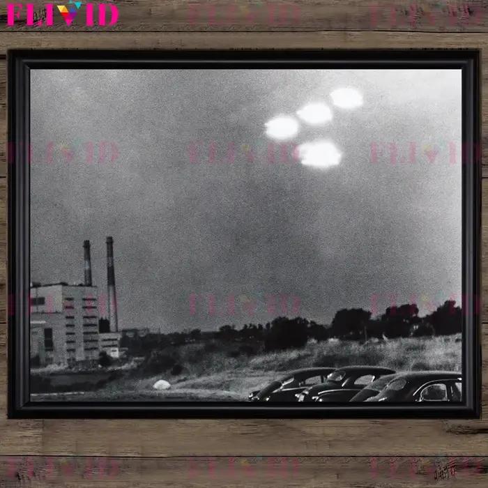 Soucoupe volante noir-blanc, photographie rétro, peinture sur toile murale, soucoupe volante (Ufo) a