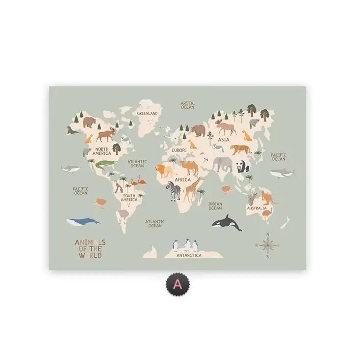 Toile de peinture de carte du monde, thème Animal Pastel, Art mural éducatif, affiches et imprimés n