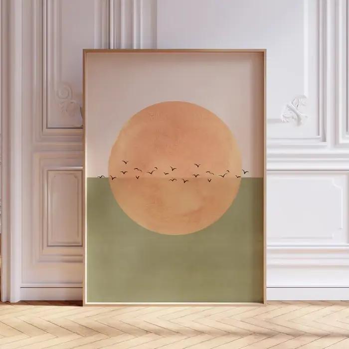 Toile imprimée de paysage de soleil et d'oiseau ascendant japonais, affiches d'art murales minimalis