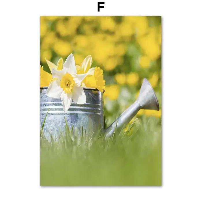 Peinture sur toile murale avec paysage de printemps, fleurs, plantes vertes, affiche d'impression, d
