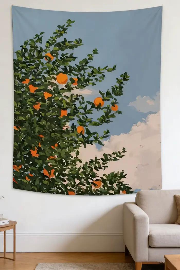 Tapisserie murale esthétique style campagne naturelle, motif peinture à l'huile d'oranger, pour cham