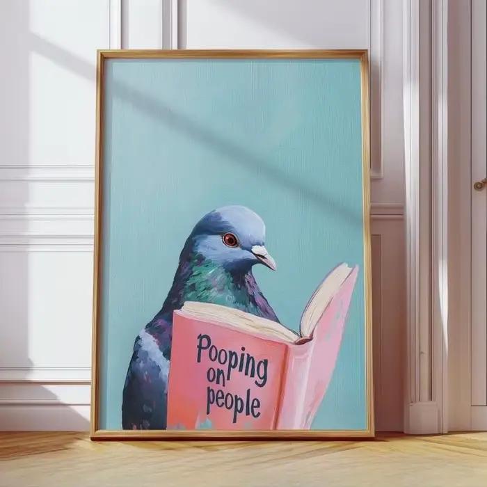 Affiche d'art de livre « Pigeon Reading 'Pooping on People' », impression amusante de pigeon, art d'