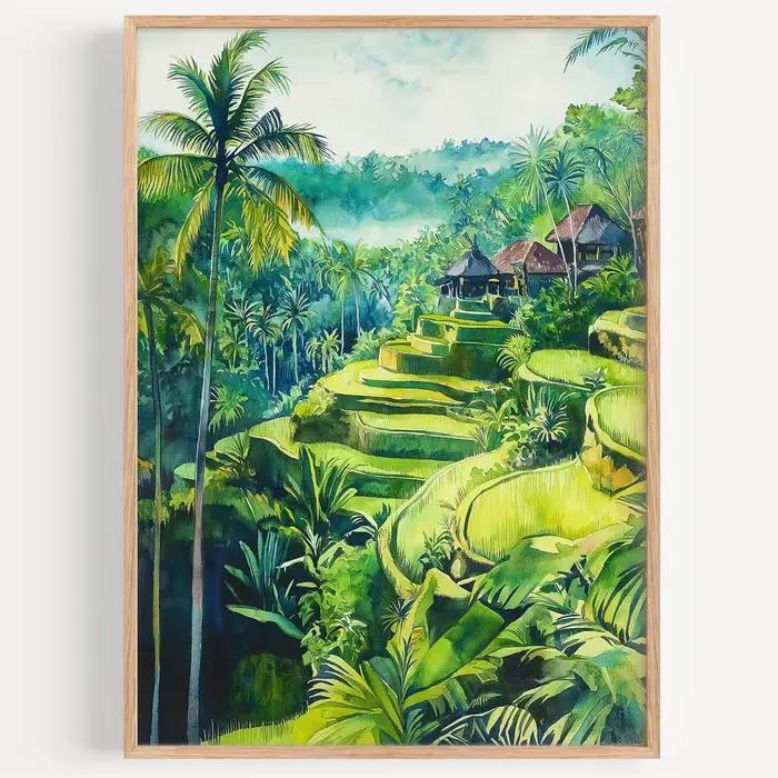 Toile de peinture à l'aquarelle Lombok, paysage urbain, impression d'art mural, affiche de voyage, i