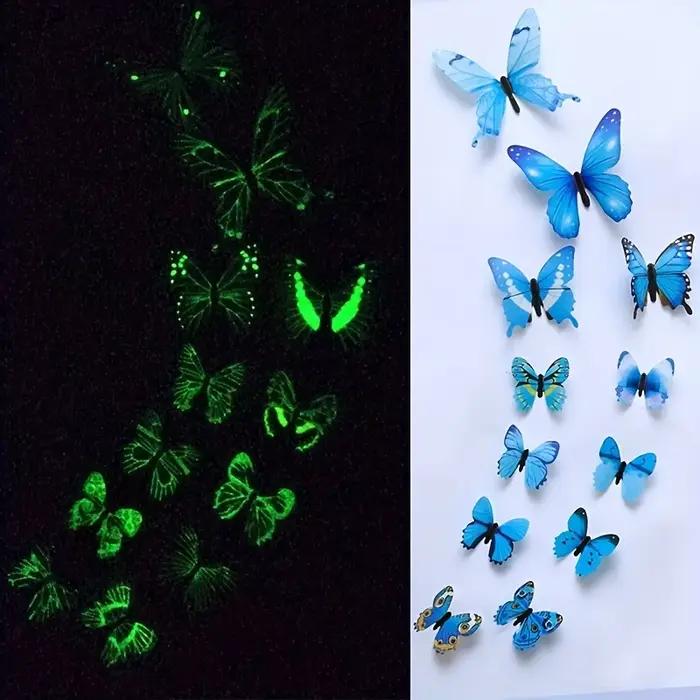 Autocollant mural créatif papillon lumineux 3D, 12 pièces, à la mode, pour bricolage, Art mural mode