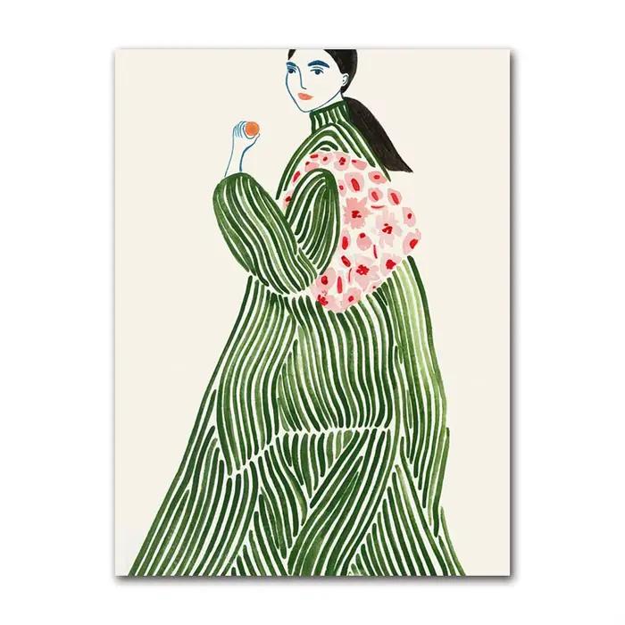 Affiche abstraite de violettes de tulipe, fleur de manteau de femme, lumière verte, impressions esth