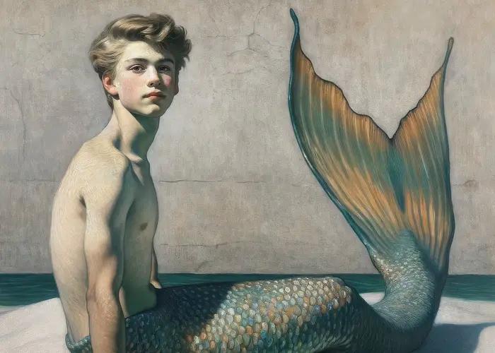 Merman – affiche de sirène masculine, décor artistique mural mythologique, élégance immergée, œuvre