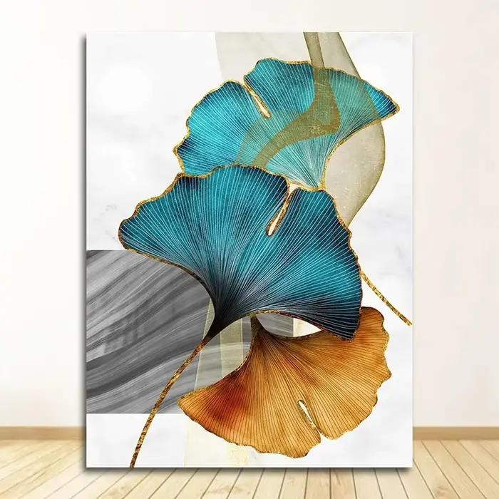 Image moderne décor de salon bleu vert jaune or plante feuille abstraite nordique toile impression m