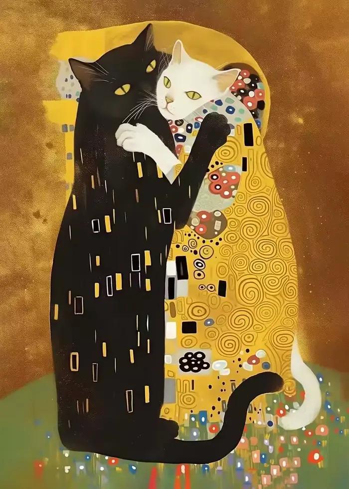 Affiche sur toile Chat Chaton Klimt Kiss, Impression créative de style parodie vintage, Tableau mura