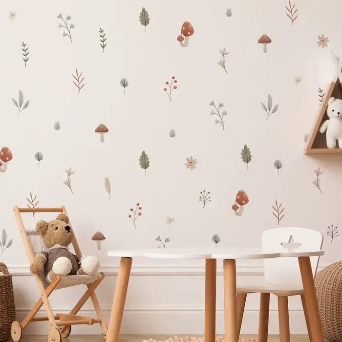 Boho dessin animé motif champignon feuilles pépinière stickers muraux amovible bricolage vinyle auto
