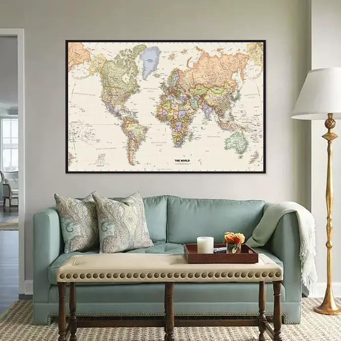 Affiche suspendue Vintage, carte du monde en anglais, peinture sur toile Non tissée, décoration mura