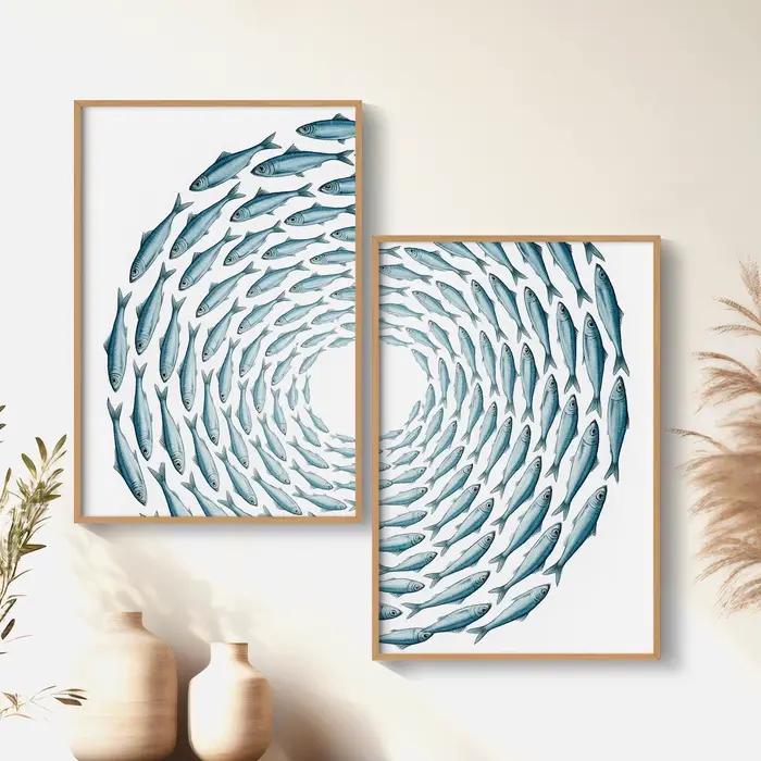 Lot de 2 affiches murales minimalistes d'été sur le thème des sardines, style rétro-chic, en toile,