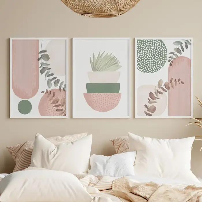 Lot de 3 tableaux muraux bohèmes modernes rose et vert – Décoration murale minimaliste pour salon –