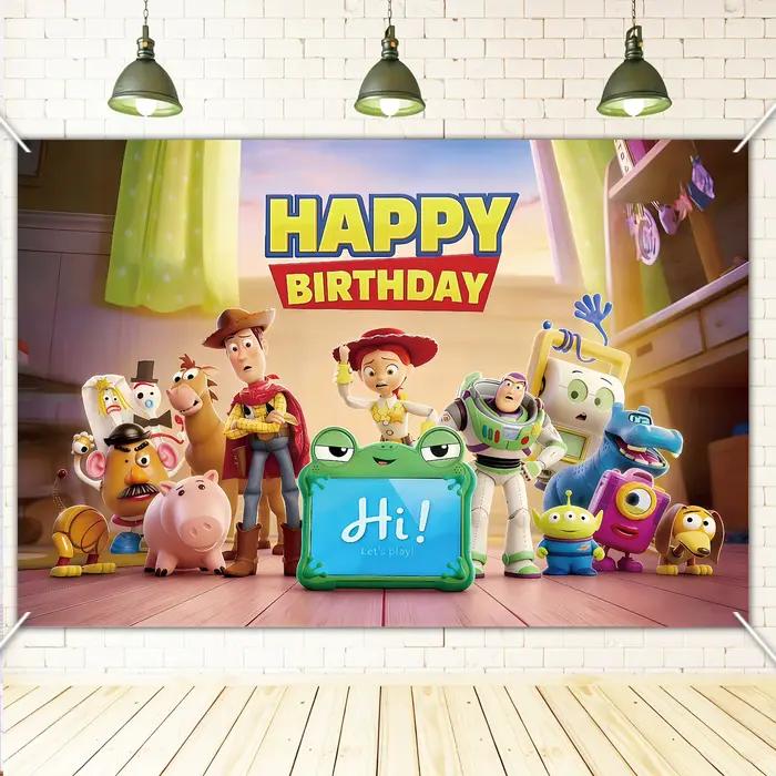 Toile de fond Joyeux Anniversaire Toy Story, Bannière de photomaton de dessin animé, Décorations de