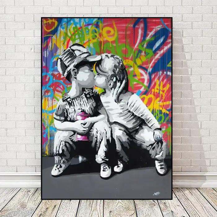 Pop Rue Graffiti Mur Art Banksy Garçon Fille Dans L'amour HD Huile Sur Toile Affiches Et Impressions